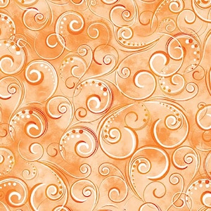 May include: A seamless pattern featuring white swirls and orange circles on a light orange background.