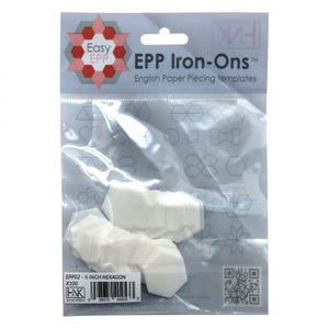 May include: A clear plastic package containing white paper piecing templates. The package has the text "EPP Iron-Ons" and "English Paper Piecing templates". The package also has the text "EPP02 - ½ inch hexagon X100".