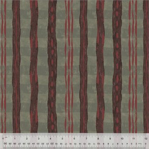 May include: Abstract fabric pattern featuring vertical dark brown and red stripes against a muted green and gray background. The design includes textured, bark-like stripes and thinner red lines, creating a natural, artistic look. The pattern is measured in inches.