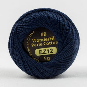 May include: A blue ball of 100% Egyptian cotton thread labeled "WonderFil Perle Cotton" with the size #8 and EZ12, weighing 5 grams.