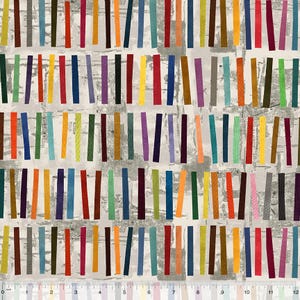 May include: A seamless pattern featuring a variety of colorful, vertical stripes on a white background. The stripes are of varying widths and are arranged in a random pattern. The stripes are reminiscent of a bookshelf filled with colorful books.