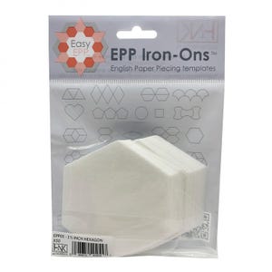 May include: A package of Easy EPP Iron-Ons English Paper Piecing templates. The package contains a stack of white, 1.5-inch hexagon templates. The packaging has a clear front with a variety of template shapes and the text "Easy EPP" in a red and orange design.