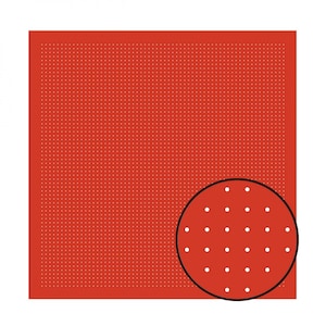 May include: A red square background with a white dot pattern. A black circle with a white dot pattern is in the lower right corner.