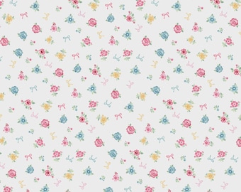 May include: A repeating pattern of small, colorful floral bouquets and tiny bows on a white background. The flowers are in shades of pink, blue, and yellow, creating a delicate and charming design.