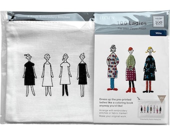 May include: A white pre-sewn zipper pouch and a package with the text "100 Ladies". The pouch features black and white illustrations of women in dresses. The package includes pre-printed ladies to be decorated with embroidery.