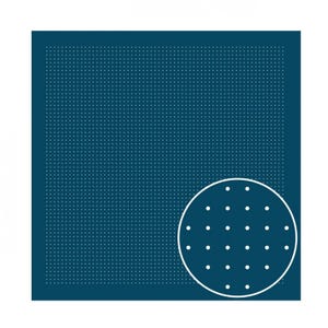 May include: A square, dark teal textile with a pattern of small white dots. A circular inset at the bottom right corner also features white dots. The design is simple and geometric.