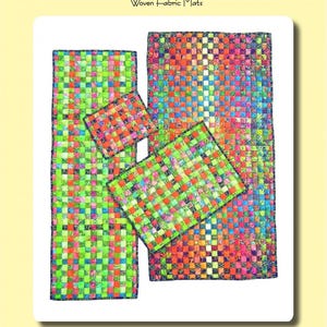 May include: Four woven fabric mats in a crisscross pattern. The mats are made from Hoffman CA Fabrics Bali Pops™ Volcano. The mats are in shades of green, orange, red, and blue. The mats are arranged in a staggered pattern. The text "AUNTIES TWO PATTERNS CRISSCROSS Woven Fabric Mats" is at the top of the image. The text "Samples made from Hoffman CA Fabrics Bali Pops™ Volcano" is at the bottom of the image. The text "Website: auntiestwo.com email: info@auntiestwo.com Copyright 2013 Pattern Number AT 269" is at the bottom of the image.