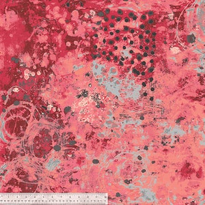 May include: Abstract fabric with a red, pink, and gray color scheme. The fabric has a textured, distressed look with a variety of patterns, including dots, swirls, and lines.