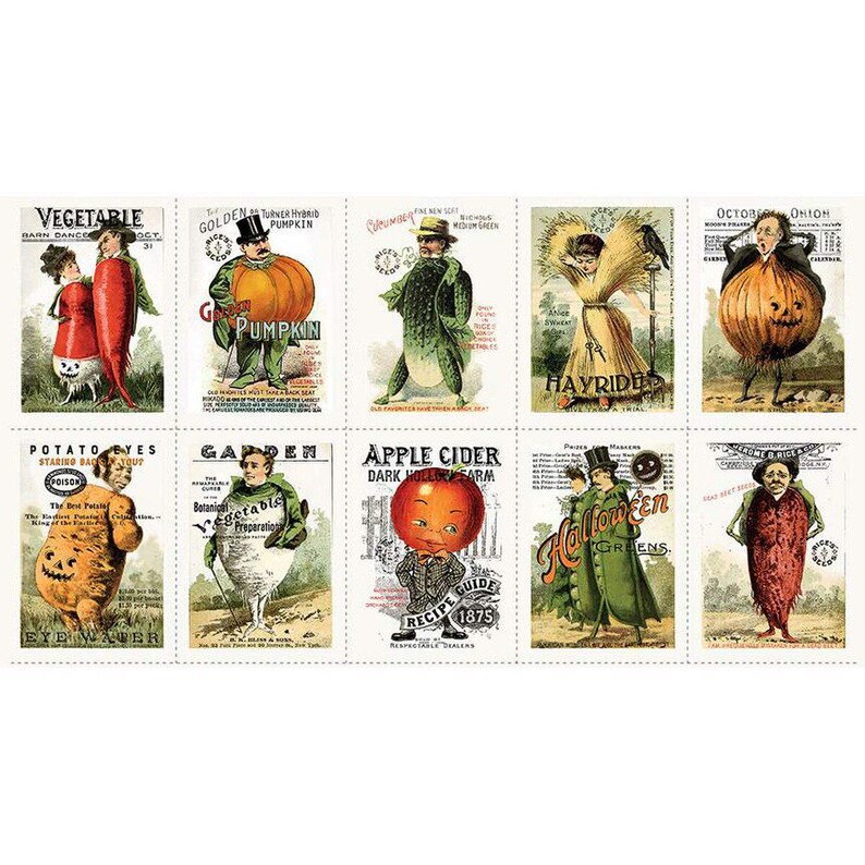 May include: A vintage-style collection of 10 illustrated cards featuring various vegetables and fruits, including a pumpkin, onion, potato, and apple. Each card has a unique design and text, such as "Golden Turner Hybrid Pumpkin", "Potato Eyes", and "Halloween Greens".