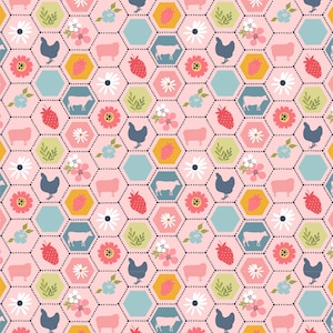 May include: A seamless pattern featuring a pink background with a honeycomb design. Each hexagon contains a different farm animal silhouette, including cows, chickens, and sheep, along with strawberries, flowers, and leaves.
