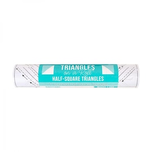 May include: A roll of white fabric with a teal and white label that reads "TRIANGLES on a Roll HALF-SQUARE TRIANGLES". The label also states "1" Finished Half Square Triangles". The roll has directional arrows and dotted lines.