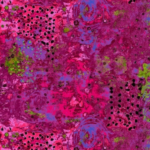 May include: Abstract art print with a pink, purple, and green color scheme. The print features a variety of textures and patterns, including dots, swirls, and lines.