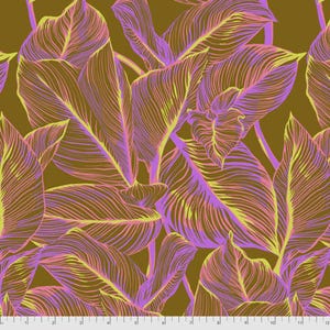 May include: A seamless pattern featuring a repeating design of overlapping, stylized leaves in shades of pink, yellow, and brown on a brown background.