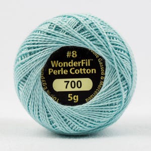 May include: A light blue ball of WonderFil Perle Cotton embroidery thread, size #8, 700, 5g. The thread is made of 100% Egyptian cotton and is gassed and mercerized.