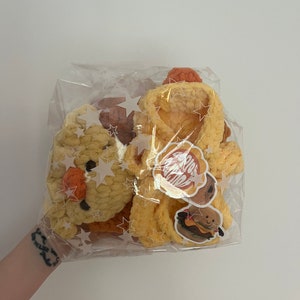 May include: A set of three crocheted plush toys in a clear plastic bag with stars printed on the bag. The toys are shaped like bears and are in shades of yellow, orange, and brown. The bag also includes a sticker with the text "Serious Snack Time" and a cartoon burger.