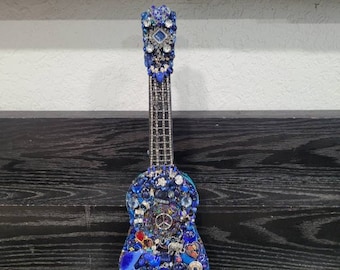 Ukulele jewelry art, wall decor, upcycled jewelry mosaic, music room decor, small guitar art, vintage jewelry collage, Mother's day gift,