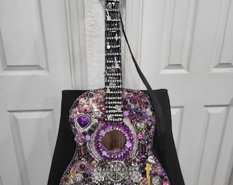 Jeweled Purple Guitar Art: Mosaic Instrument Collage Decor