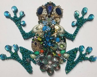 Vintage jewelry art, Green Frog, Upcycled Jewelry, frog decor, Tropical Home, Beach House Decor, Rainforest animal, Froggy art, gift idea