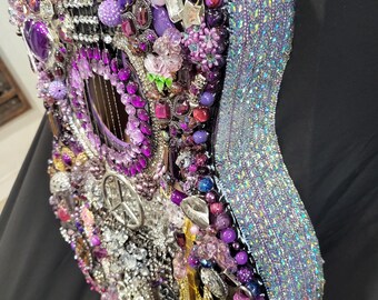 Guitar Jewelry Art, Purple Guitar Mosaic Decor, Music Lovers