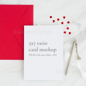 5x7 Tarjeta de amor Maqueta de papelería de boda Maqueta plana plana, tarjeta de felicitación del día de San Valentín París, PSD con objeto inteligente + JPG, descarga instantánea