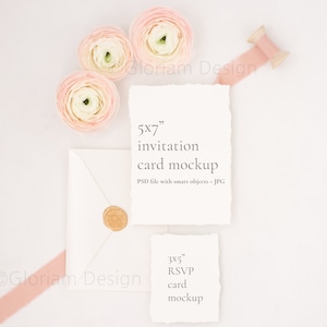 Ranunculus 5x7'' deckled edge wedding invitation card + 3x5'' RSVP Mockup Elegant Stationery Flatlay PSD smart object + JPG digital download