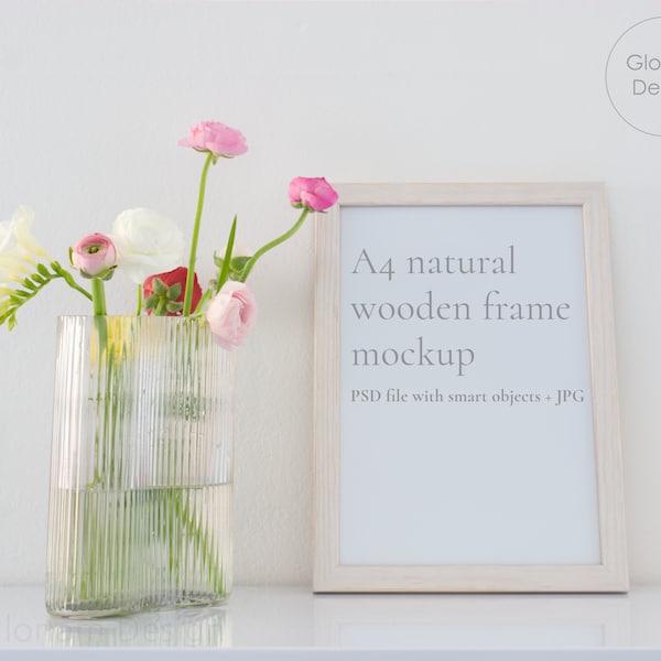 A4 Natural Wooden Picture Frame Vertical Mockup, Neutral Ranunculus Freesia Nature Poster frame | PSD smart object + JPG digital download