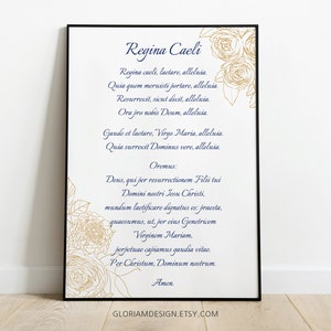 Può includere: Un download digitale stampabile di una preghiera Regina Caeli in uno schema di colori blu e oro con un design floreale. Il testo recita: "Regina Caeli, lactare, alleluia. Quia quem moruisti portare, alleluia. Resurrexit, sicut dixit, alleluia. Ora pro nobis Deum, alleluia. Gaude et lactare, Virgs Maria, alleluia. Quia surrexit Dominus vere, alleluia. Oremus Deus, qui per resurrectionem Filii tui Domini nostri Jesu Christi, mundum lactificare dignatus es: praesta, quaesumus, ut, per eius Genetricem Virginem Mariam, perpetuae capiamus gaudia vitae. Per Christum, Dominum nostrum. Amen."