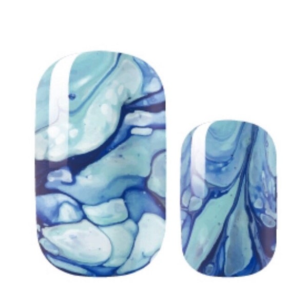 Nail Polish Strips Manicure Wraps Ocean Swirls Glitter Marble Blue Summer Sea