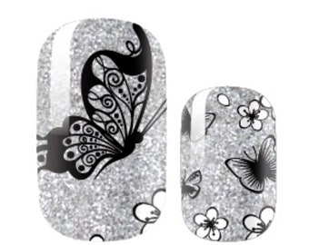 Manicure Nail Polish Wraps Strips Silver Butterfly Glitter Summer Spring