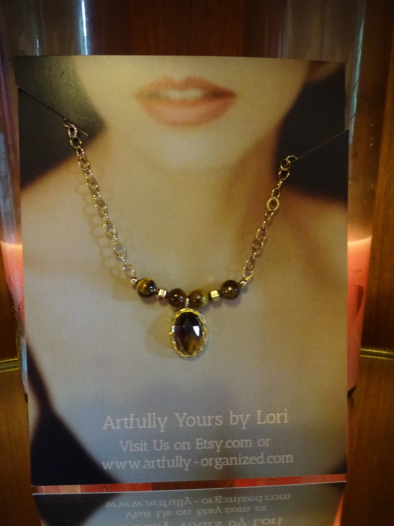 Gold Fill Beads on an 18 Gold Fill Chain. Empowering and Grounding Crystal Necklace with Tigers Eye Beads and a Smoky Quartz Oval Pendant