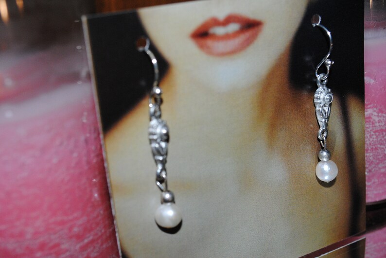2 Long Feminine /& Empowering Art Deco Stylized Flower- White Fresh Water Pearl Accent Dangle Earrings on a French Hook Wire Silver Toned
