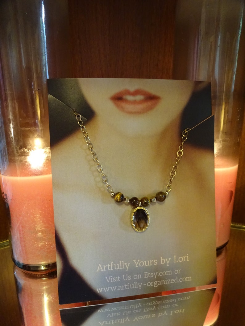 Gold Fill Beads on an 18 Gold Fill Chain. Empowering and Grounding Crystal Necklace with Tigers Eye Beads and a Smoky Quartz Oval Pendant