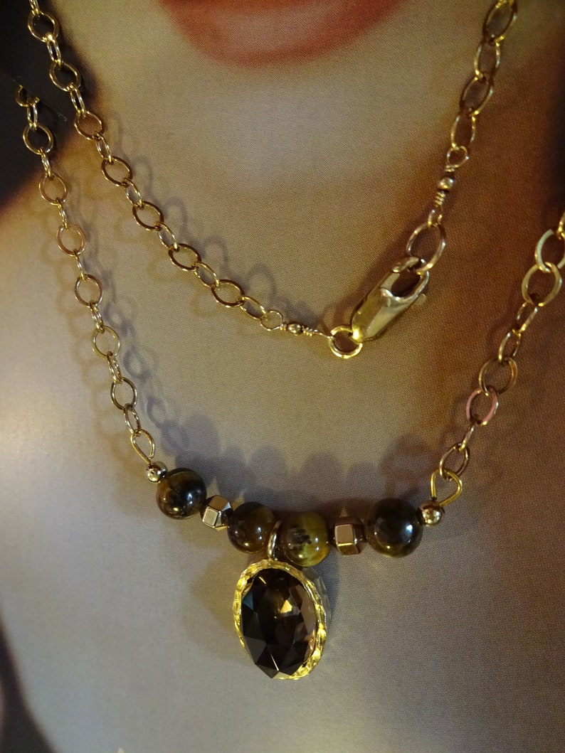 Gold Fill Beads on an 18 Gold Fill Chain. Empowering and Grounding Crystal Necklace with Tigers Eye Beads and a Smoky Quartz Oval Pendant