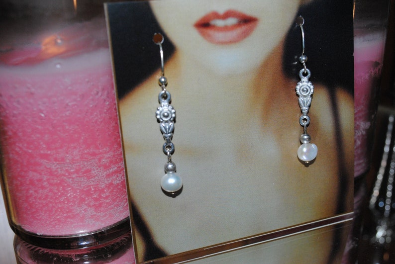 2 Long Feminine /& Empowering Art Deco Stylized Flower- White Fresh Water Pearl Accent Dangle Earrings on a French Hook Wire Silver Toned