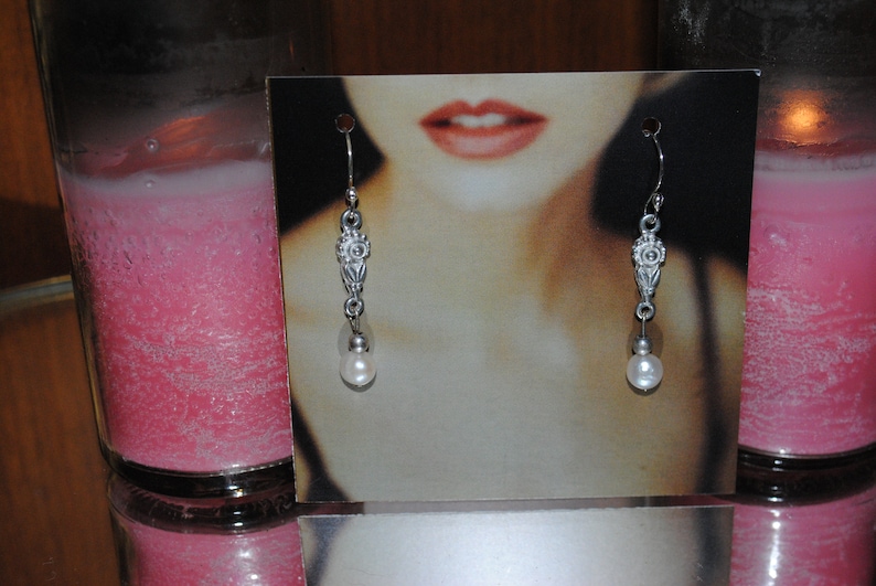 2 Long Feminine /& Empowering Art Deco Stylized Flower- White Fresh Water Pearl Accent Dangle Earrings on a French Hook Wire Silver Toned