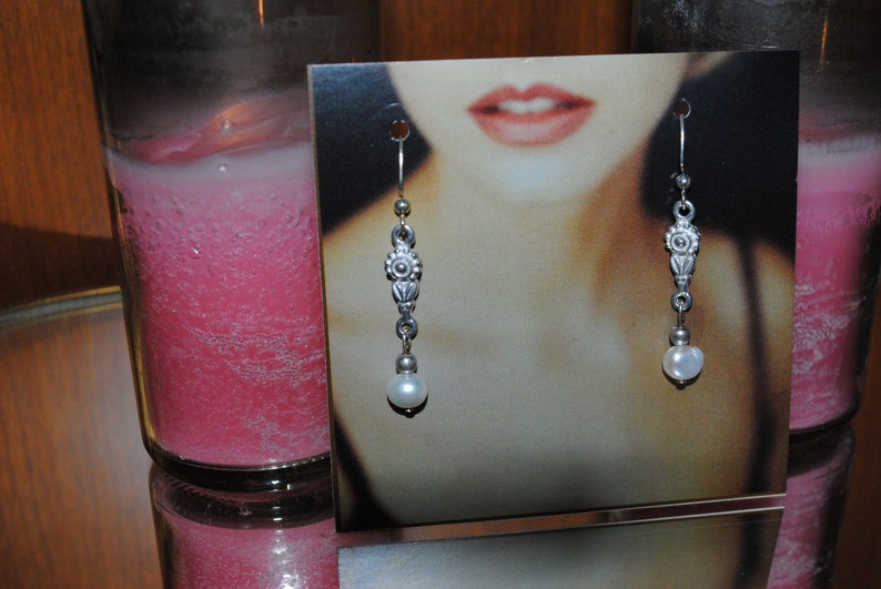 2 Long Feminine /& Empowering Art Deco Stylized Flower- White Fresh Water Pearl Accent Dangle Earrings on a French Hook Wire Silver Toned