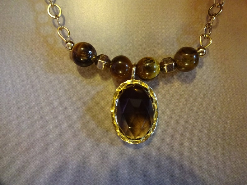 Gold Fill Beads on an 18 Gold Fill Chain. Empowering and Grounding Crystal Necklace with Tigers Eye Beads and a Smoky Quartz Oval Pendant