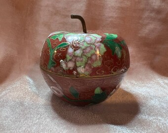 Vtg Cloisonne Enamel Lidded Small Trinket Box Brown Hydrangea Apple 2" x 2"