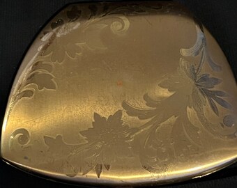 Vintage Elgin American Gold Tone Flowers Compact Mirror Engraved on Back