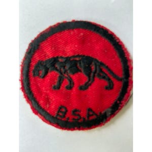 May include: A round, red patch with a black panther silhouette in the center. The panther is surrounded by a black border. The letters "B.S.A." are printed in black at the bottom of the patch.