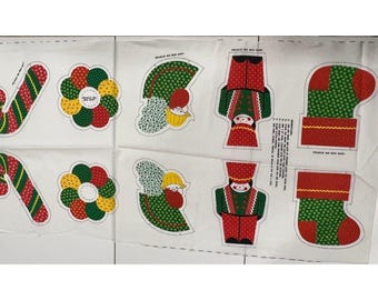 Vintage Set of 6 Fabric Panel Ornaments Red Green Yellow 6-8" unmarked