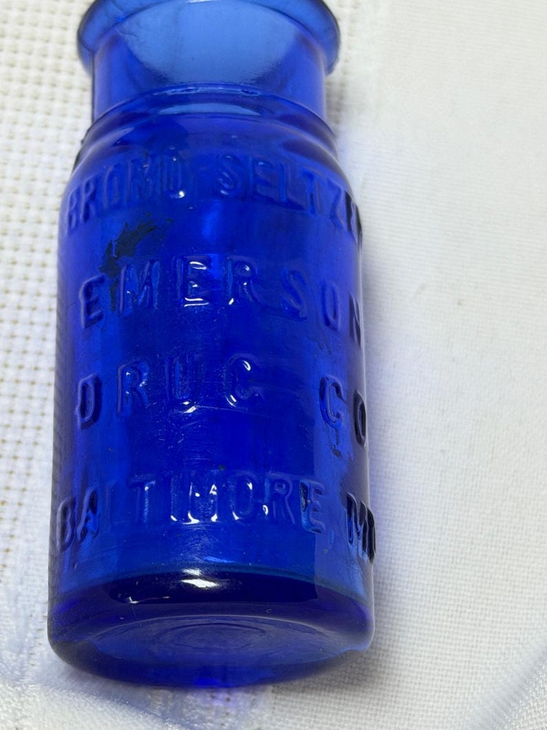 Lot de 2 bouteilles vintage BROMO-SELTZER Emerson Drug Co bleu cobalt profond image 2