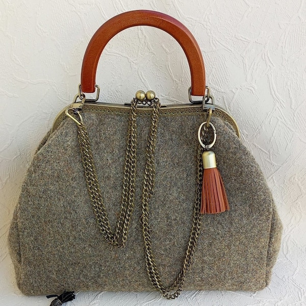 Khaki cloth kisslock frame woman bag unique khaki clasp bag vintage felt bag cloth clip frame handbag chain shoulder bag bohemian bag