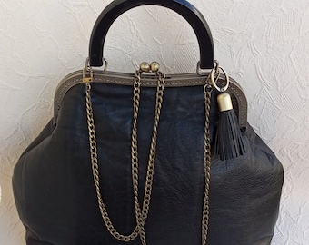 Bolso de mujer negro con cierre de beso, bolso vintage de cuero con cierre de beso, bolso de mano con cadena y clip de cuero negro, bolso de hombro auténtico, bolso de cuero bohemio.