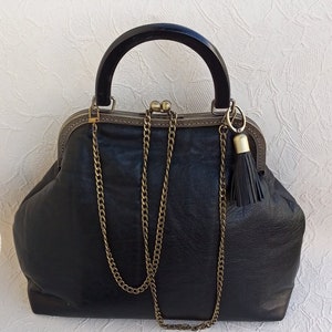 Zwarte kisslock damestas echt lederen kisslock tas vintage tas zwart lederen clip frame tapijttas ketting schoudertas Boheemse leren tas