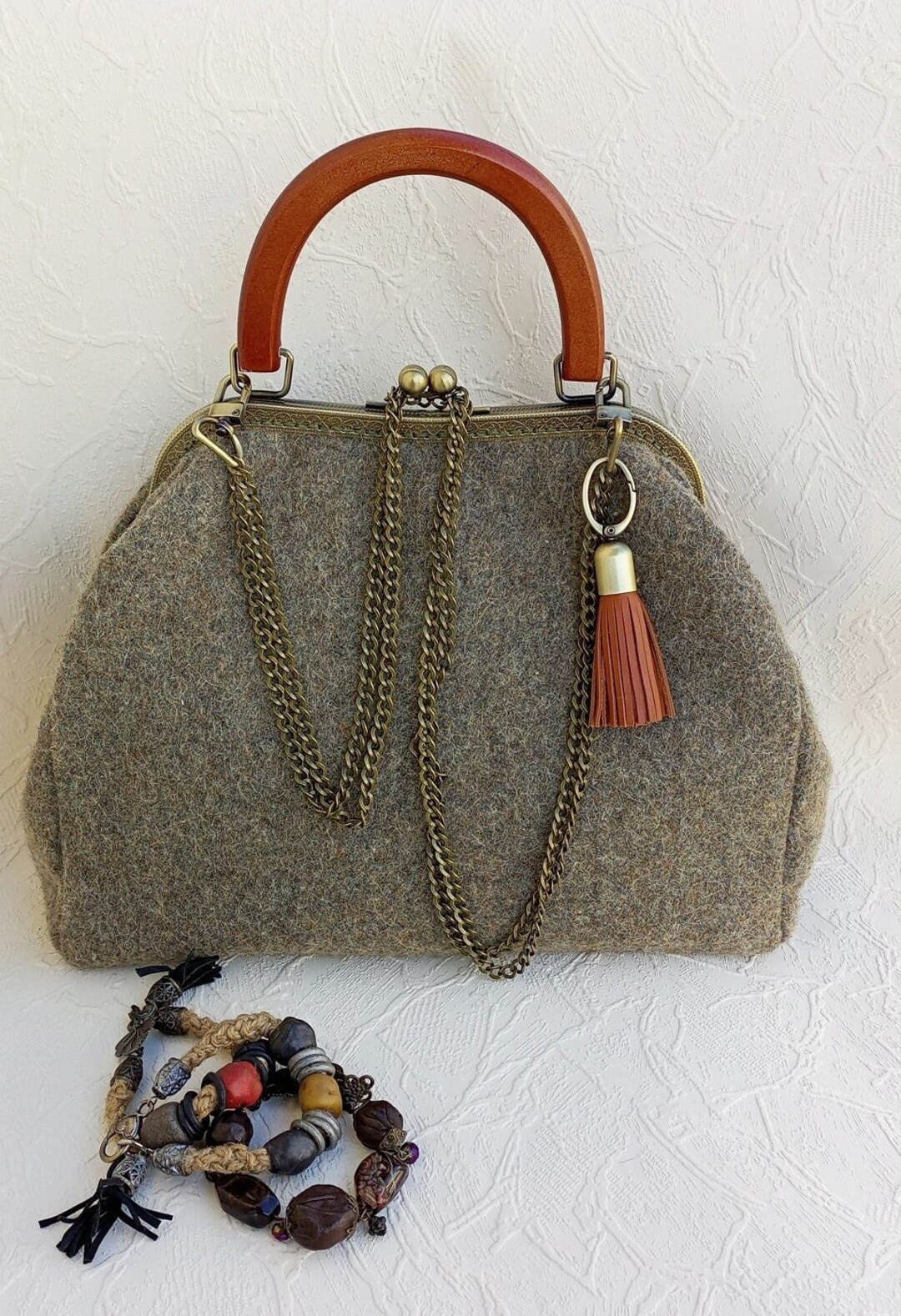 Kaki tissu kisslock cadre femme sac unique kaki fermoir sac vintage feutre sac tissu clip cadre 