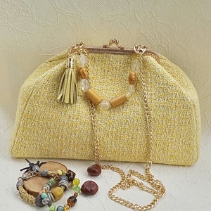 Vintage yellow kisslock bag vintage tweed clasp bag antique clasp bag evening bag clip frame handbag crossbody bag bohemian woman bag