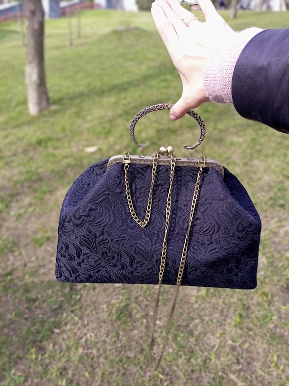 Dark Blue Woman Bag Vintage Clasp Bag Kiss Lock Bag Evening 