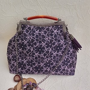 Purple print kisslock bag vintage clasp bag floral kisslock bag violet evening bag metal frame woman handbag fabric bag bohemian clip bag