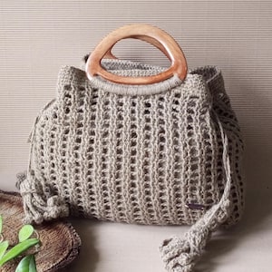 Crochet Jute bag canvas tote bag market bag Beige basket bag natural jute tote bag plastic handle tote bag crochet jute tote bag